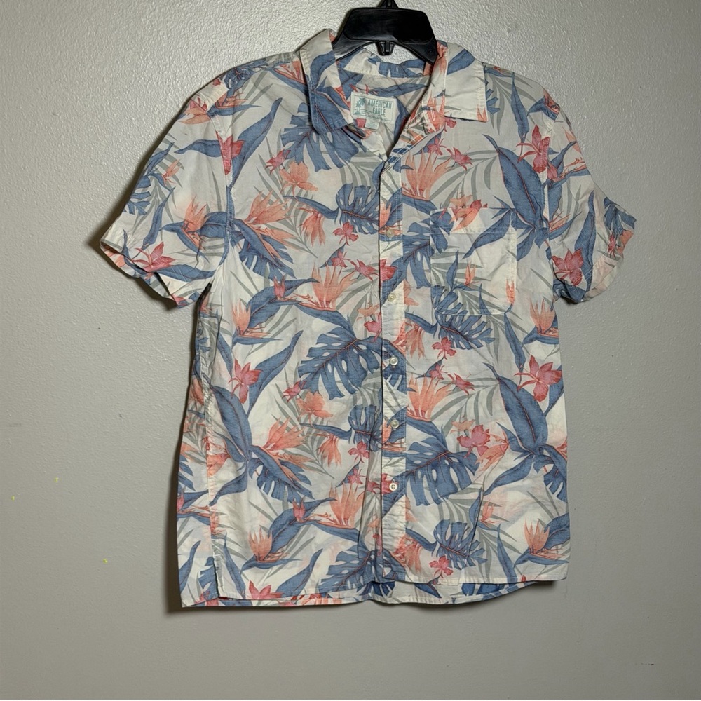 American Eagle Men White Hawaiian Tropical Floral Print Men's Shirt‎ size XS